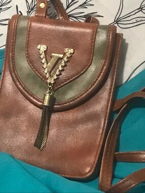 Brown Faux Leather Crossbody with Gold V Tassel Accent